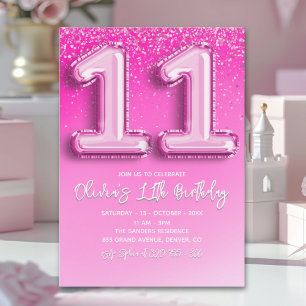 Modern 11th Birthday Girl with Pink Number Balloon Invitation