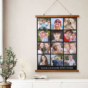 Modern 12 Photo Collage Black Hanging Tapestry