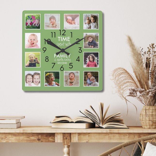 Modern 12 Photo Collage Family Time Quote Green  Square Wall Clock (Modern 12 Photo Collage Family Time Quote Green Square Wall Clock)