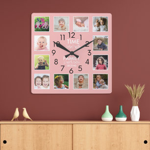 Modern 12 Photo Collage Family Time Quote Pink Square Wall Clock