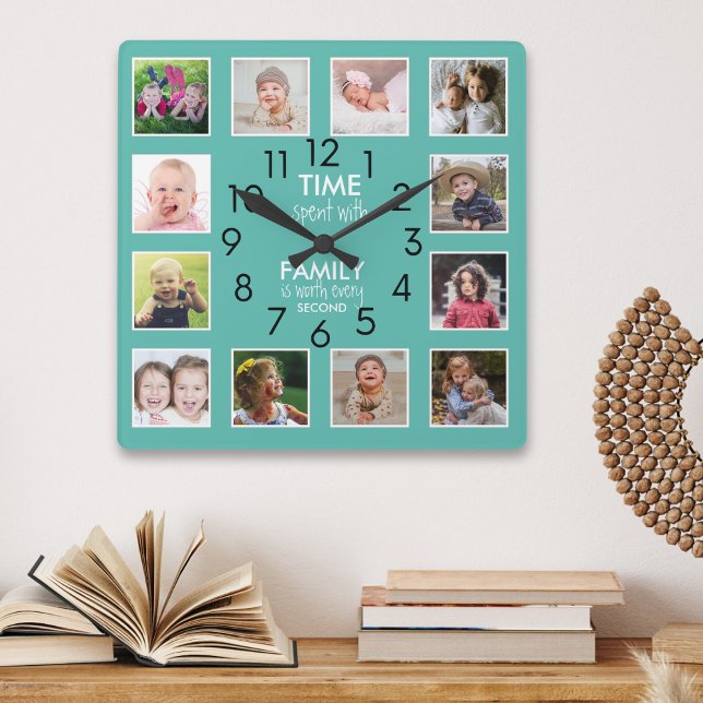 Modern 12 Photo Collage Family Time Quote Teal Square Wall Clock (Modern 12 Photo Collage Family Time Quote Teal Square Wall Clock)
