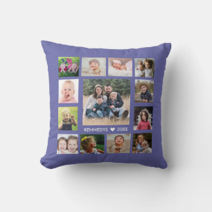 Modern 13 Family Photo Collage Periwinkle Striped Cushion