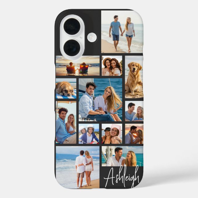 Modern 13 Photo Collage Handwritten Name Case-Mate iPhone Case (Back)