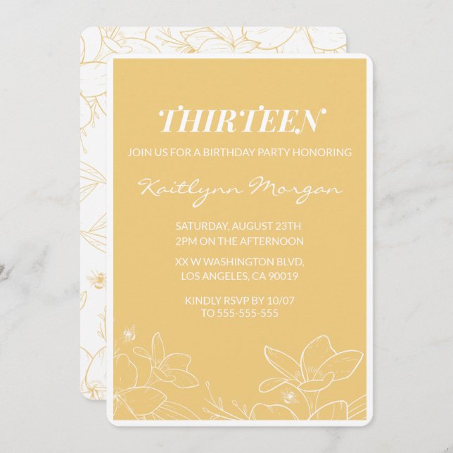 Modern 13th birthday invitations Floral Yellow (Front/Back)