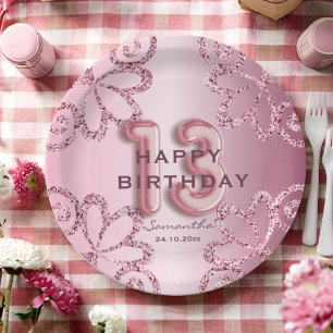 Modern 13th Birthday Pink Balloon & Glitter Paper Plate
