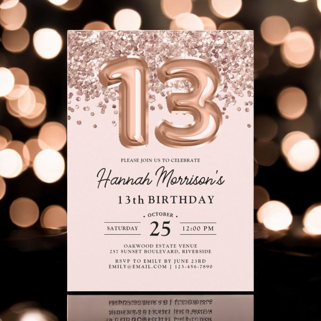 Modern 13th Birthday Rose Gold Balloons Party  Invitation (Creator Uploaded)