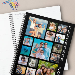 Modern 15 Photo Collage Family Black Personalised Planner