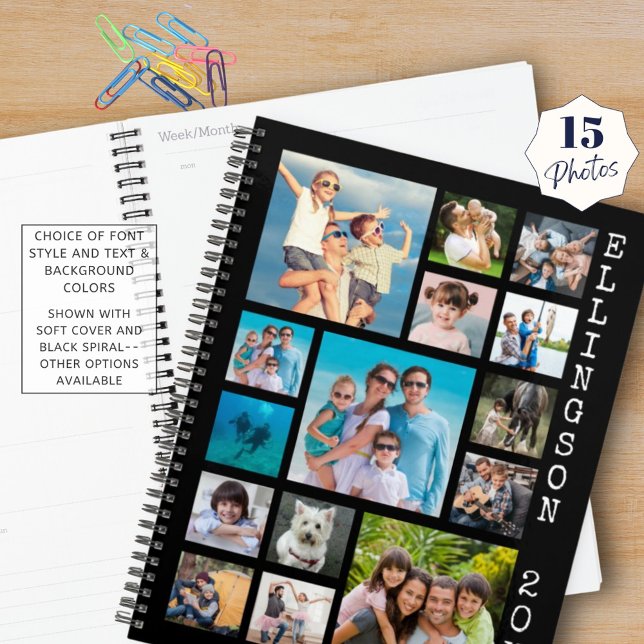 Modern 15 Photo Collage Family Black Personalised Planner (Creator Uploaded)