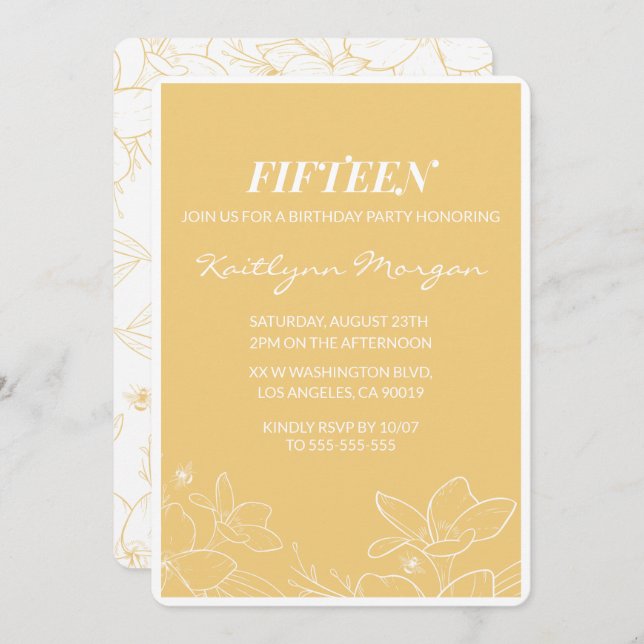Modern 15th birthday invitations Floral Yellow (Front/Back)