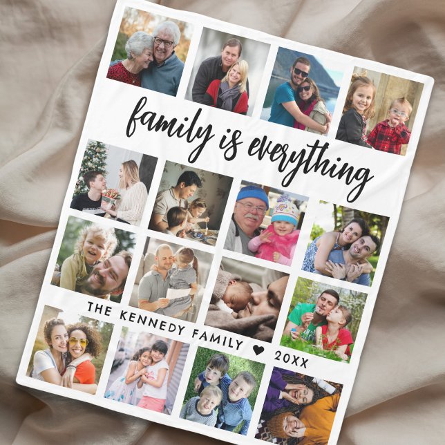 Modern 16 Photo Collage Family Name  Quote   Fleece Blanket (Creator Uploaded)