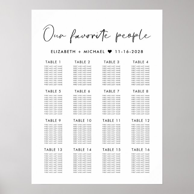 Modern 16 Table Wedding Seating Chart (Front)