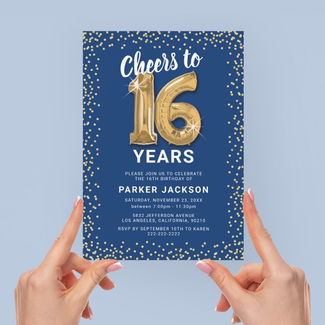 Modern 16th Birthday Blue Gold Invitation (Creator Uploaded)