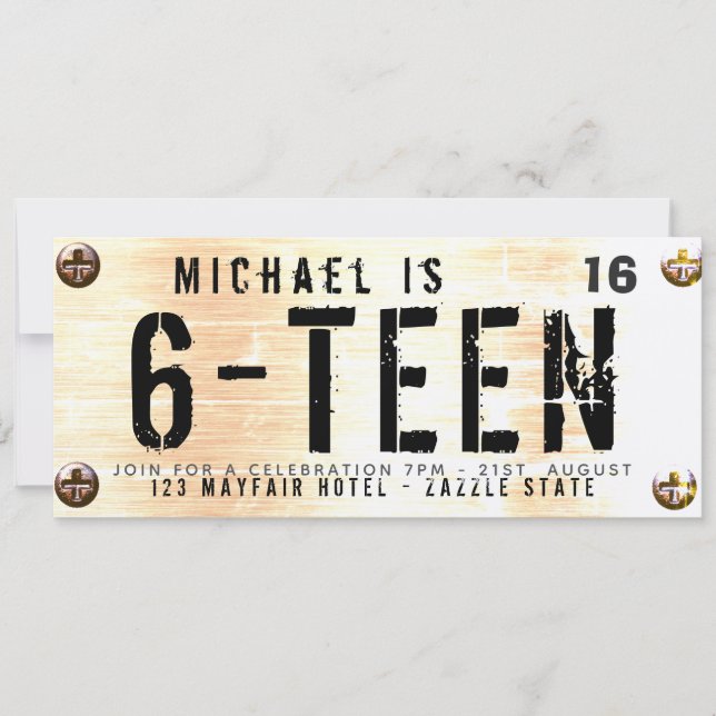 MODERN 16th Birthday BOY Car LICENSE Plate Rusty Invitation (Front)