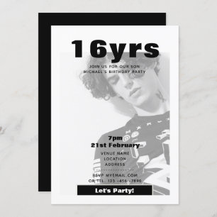 Modern 16th Birthday PHOTO Invite Black White