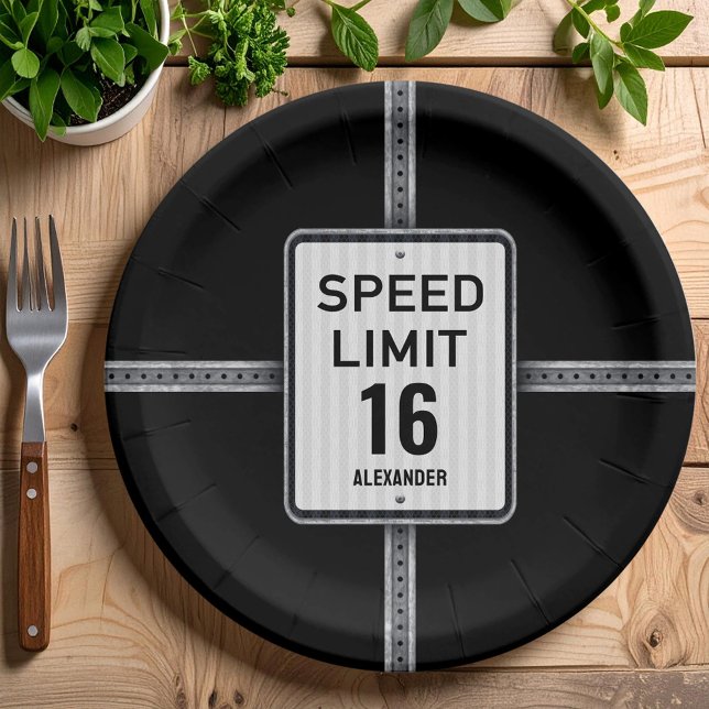 Modern 16th Birthday Speed Sign Paper Plate (Creator Uploaded)