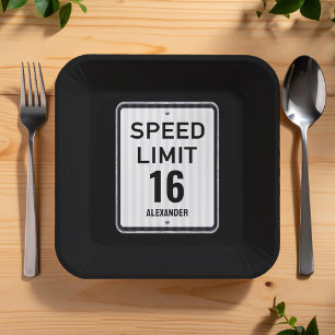 Modern 16th Birthday Speed Sign Paper Plate