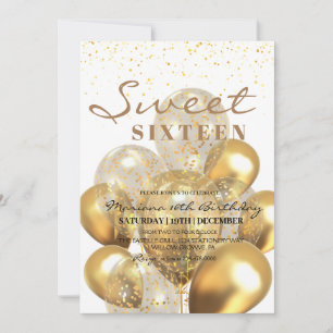 Modern 16th Gold Glitter balloons Birthday Party Invitation