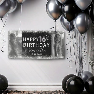 Modern 16th Silver Glitter & Photo Birthday Banner