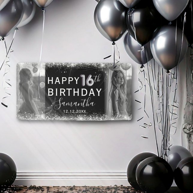 Modern 16th Silver Glitter & Photo Birthday Banner (Creator Uploaded)