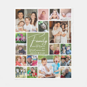 Modern 17 Photo Collage Family Name Green Quote Fleece Blanket