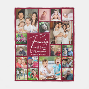 Modern 17 Photo Collage Family Name Quote Burgundy Fleece Blanket