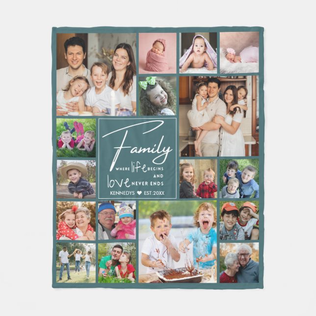 Modern 17 Photo Collage Family Quote Name Green Fleece Blanket (Front)