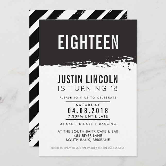 MODERN 18th birthday party INVITE paint splatter (Front/Back)