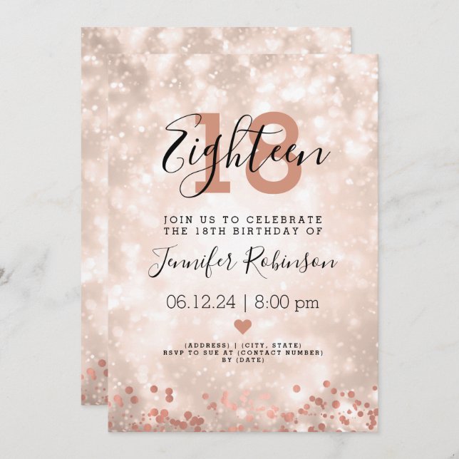 Modern 18th Birthday Party Rose Gold Sparkle Invitation (Front/Back)