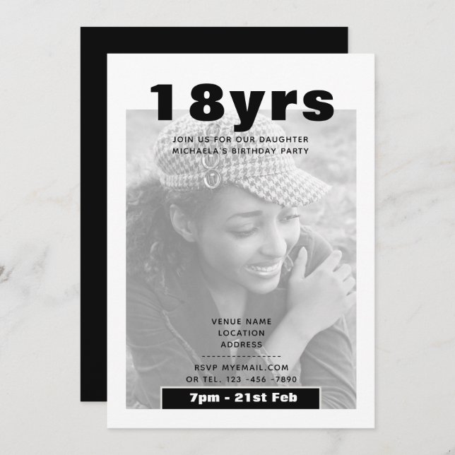 Modern 18th Birthday PHOTO Invite BLACK (Front/Back)