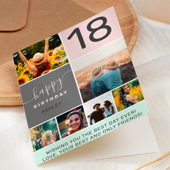 Modern 18th birthday pink 6 photo collage grid card (Creator Uploaded)