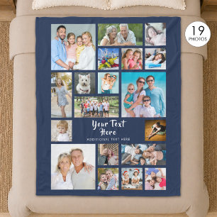 Modern 19 Photo Collage Personalised Navy Blue Fleece Blanket