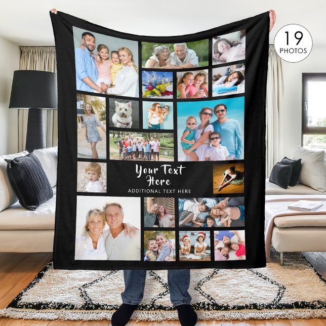 Modern 19 Photo Collage Personalized Black Fleece Blanket (Creator Uploaded)