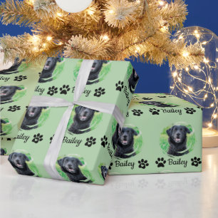 Modern 1 Pet Paw Print photo name Green Wrapping Paper