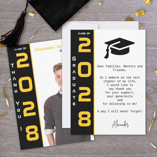 Modern 1 Photo Gold Black Graduation Thank You Card (Creator Uploaded)