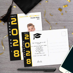 Modern 1 Photo Gold Black Graduation Thank You Postcard