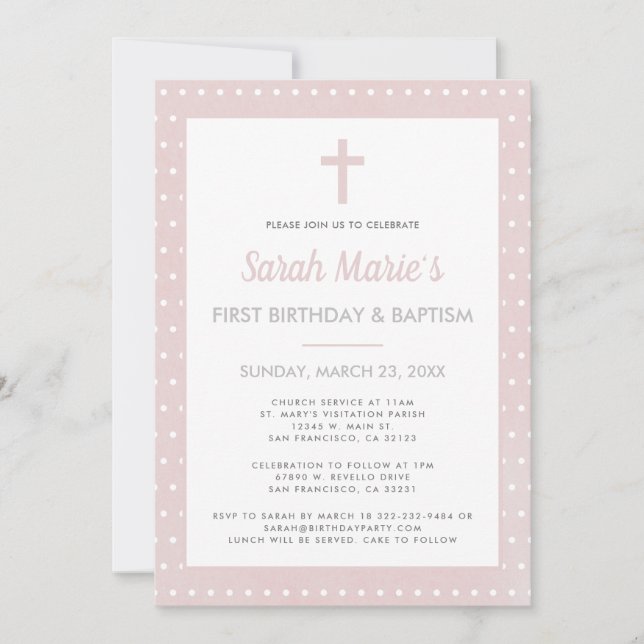 Modern 1st Birthday Baptism Girl Pink Polka Dot Invitation (Front)