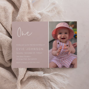 Modern 1st Birthday Party Blush Pink Photo Invitation