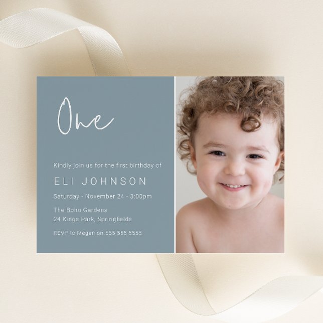 Modern 1st Birthday Party Dusty Blue Photo Invitation (Creator Uploaded)
