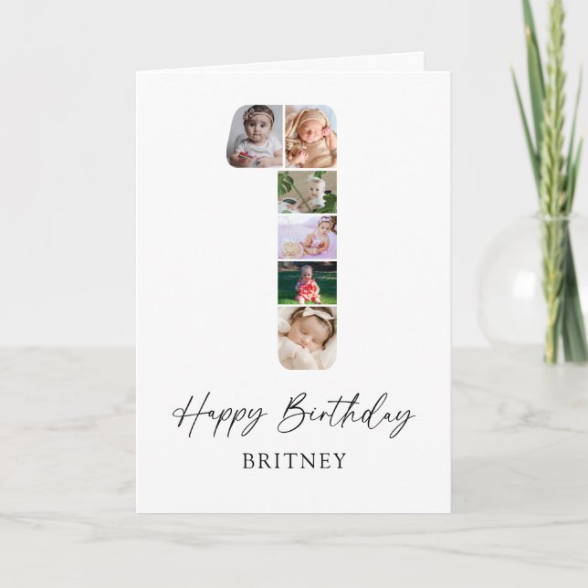 Modern 1st Birthday Photo Collage Card (Front)