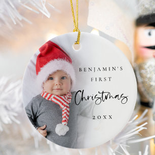 Modern 1st Christmas Baby Name Year Photo  Ceramic Tree Decoration