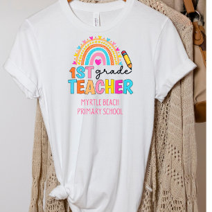 Modern 1st Grade Rainbow Teacher  School Name   T-Shirt