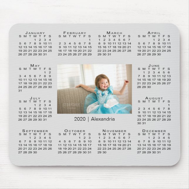 Modern 2020 Calendar Your Photo and Name on Grey Mouse Pad (Front)