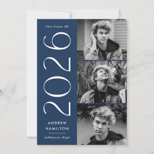 Modern 2022 Navy 3 Photo Graduation Party Invitation