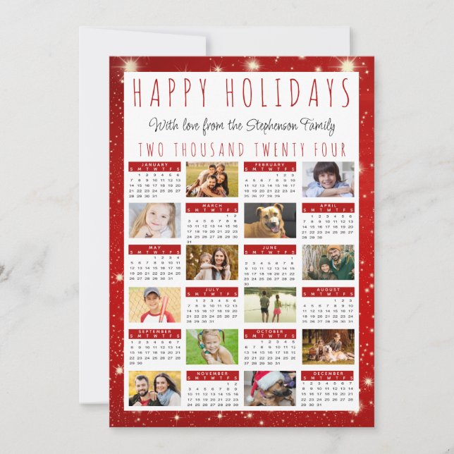Modern 2024 Calendar 12 Photo Red White Lights Holiday Card (Front)