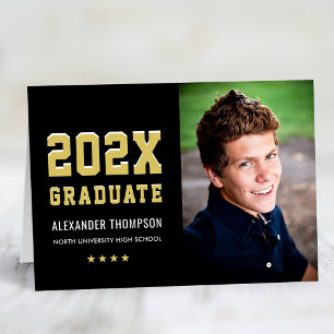 Modern 2024 Graduate Black Gold Photo Graduation Thank You Card