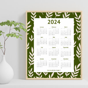Modern 2024 Olive Green Greenery Calender Poster