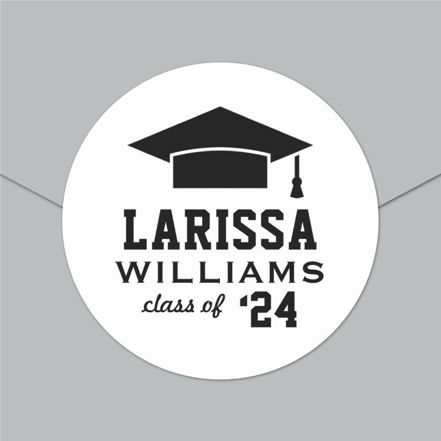 Modern 2025 Black and White Graduation Cap Custom Classic Round Sticker (Creator Uploaded)