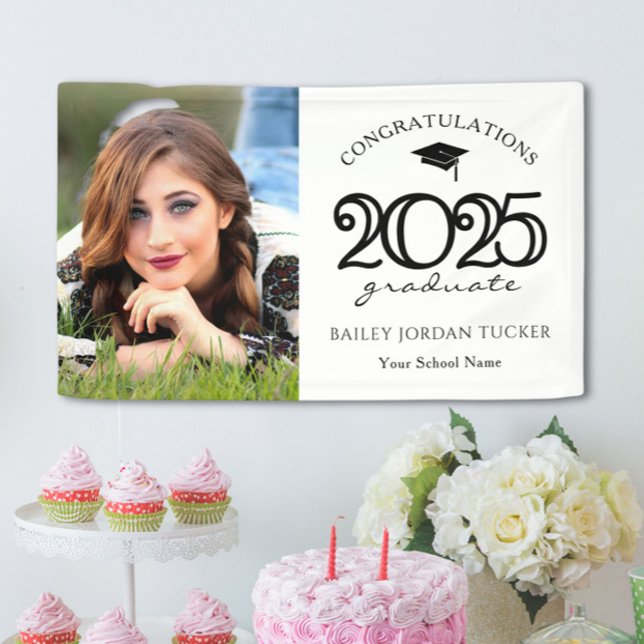 Modern 2025 Black and White Photo Graduation Party Banner (Creator Uploaded)