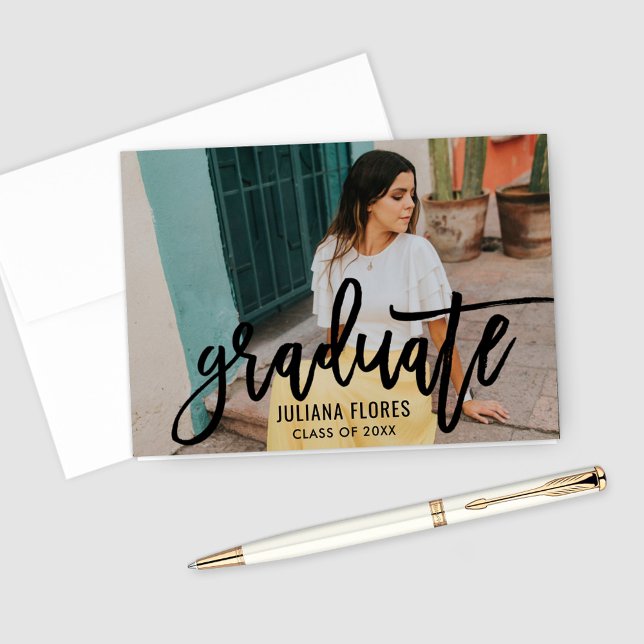 Modern 2025 Black Brushed Script Graduation Photo Thank You Card (Creator Uploaded)