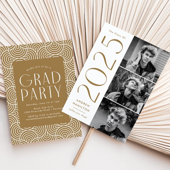 Modern 2025 Brass 3 Photo Graduation Party Invitation (Creator Uploaded)